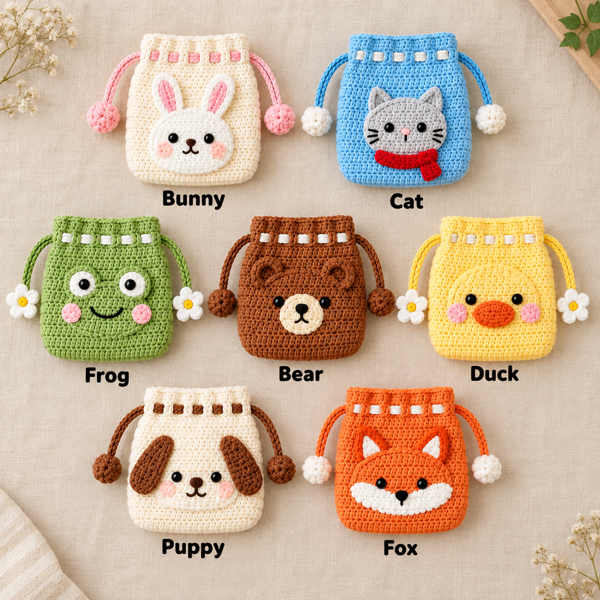 Crochet Drawstring Pouch – Animal Friends