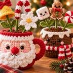 Close-up of Style 2 and Style 3 crochet Christmas plant decor