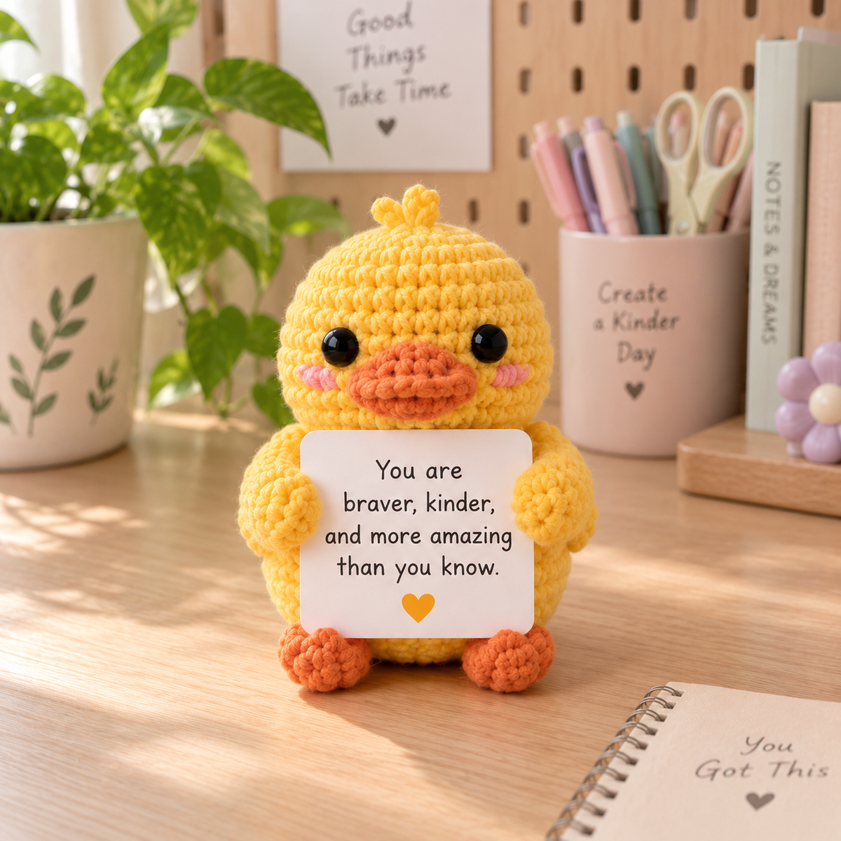 Duck amigurumi emotional support character holding a custom message