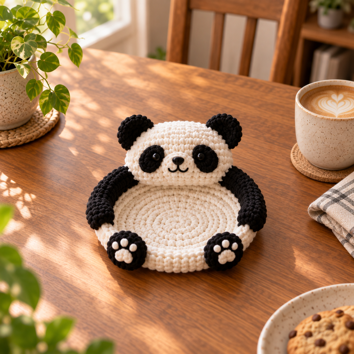 Panda crochet animal coaster in black and white with paw details