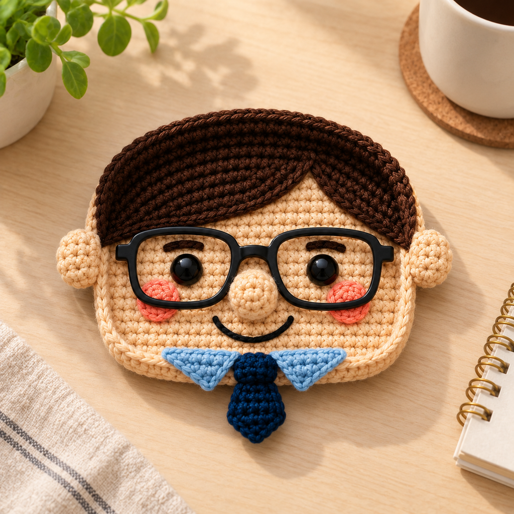 Classic Teacher crochet glasses holder with black hair, black glasses, and a blue necktie detail