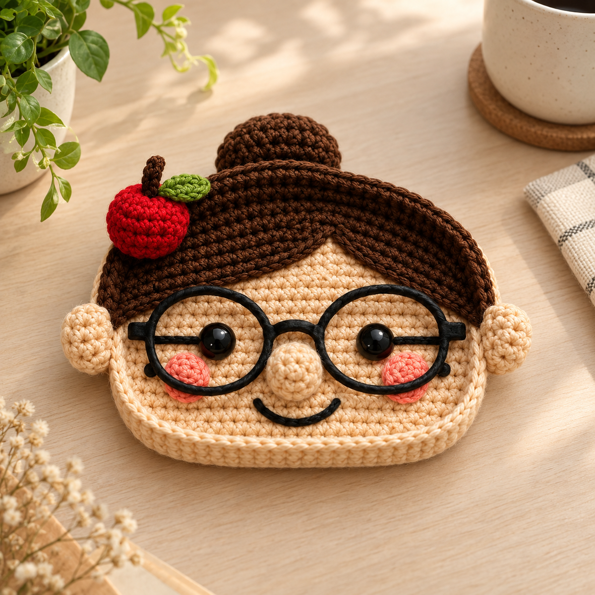 Apple Teacher crochet glasses holder with a bun hairstyle, black glasses, and a red apple hair accessory