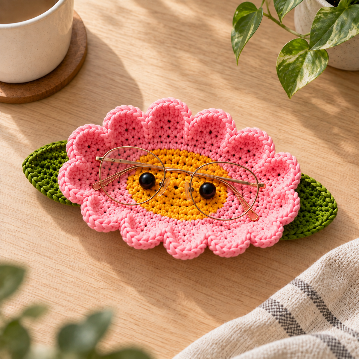 Handmade crochet glasses holder in a pink daisy flower design with green leaf accents, displayed on a tabletop.