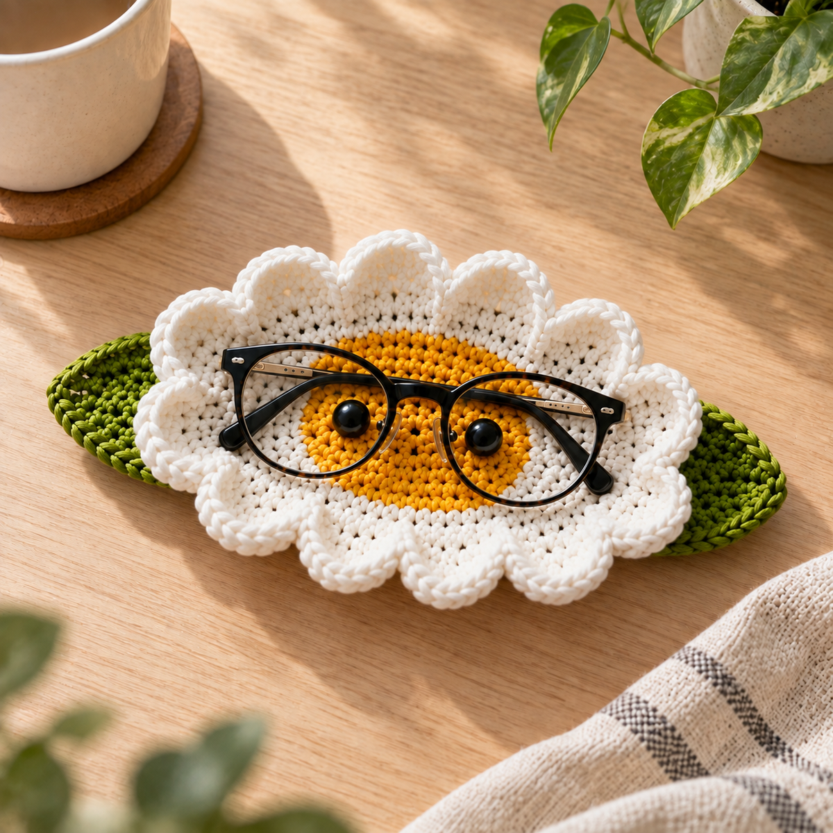 Handmade crochet glasses holder in a white daisy flower design with yellow center and green leaf accents, displayed on a tabletop.