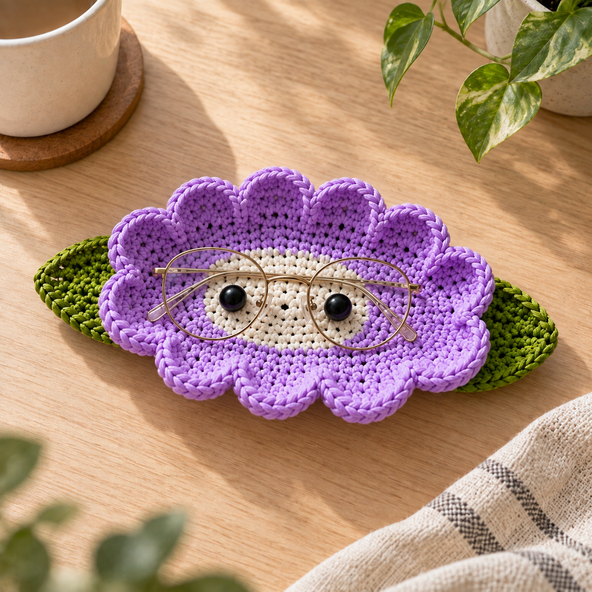 Handmade crochet glasses holder in a lavender flower design with green leaf accents, displayed on a tabletop.