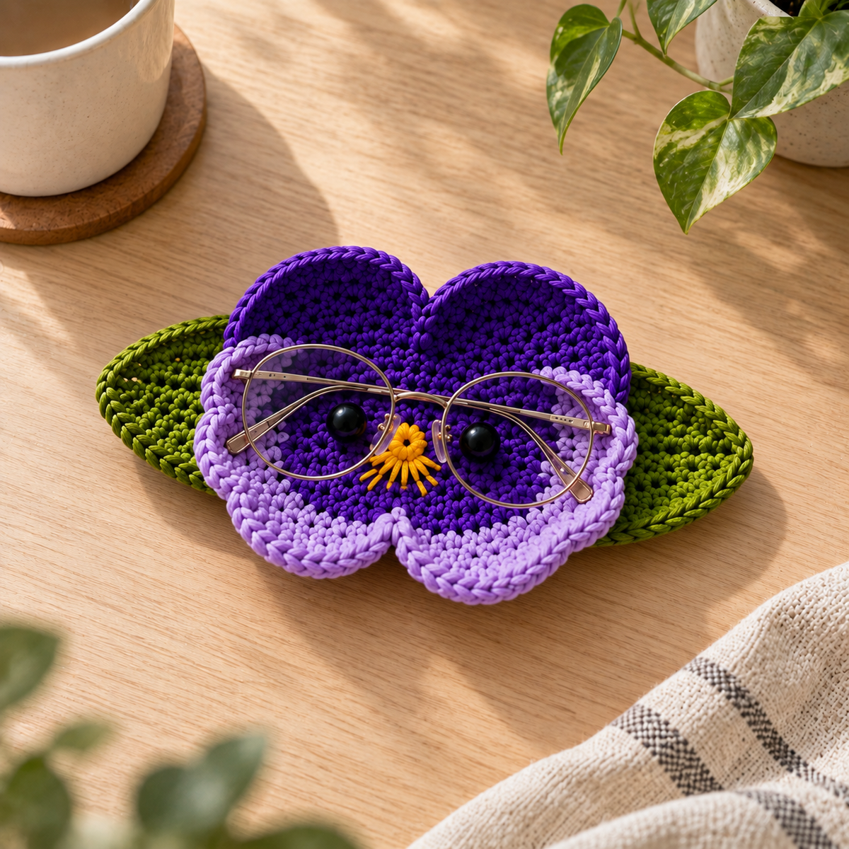 Handmade crochet glasses holder in a purple pansy-inspired flower design with green leaf accents, displayed on a tabletop.