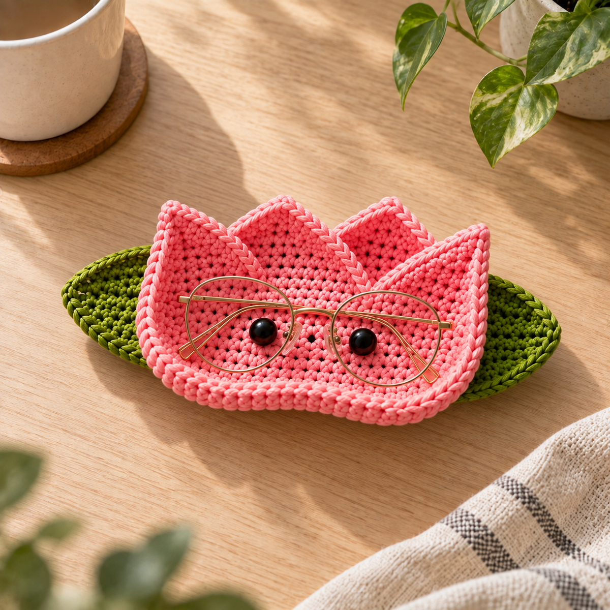 Handmade crochet glasses holder in a pink tulip-inspired design with green leaf accents, displayed on a tabletop.