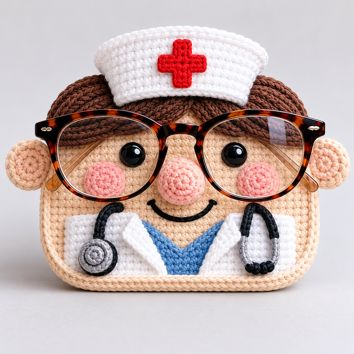Classic Nurse crochet glasses holder with white nurse cap, red cross, white coat, stethoscope, and eyeglasses