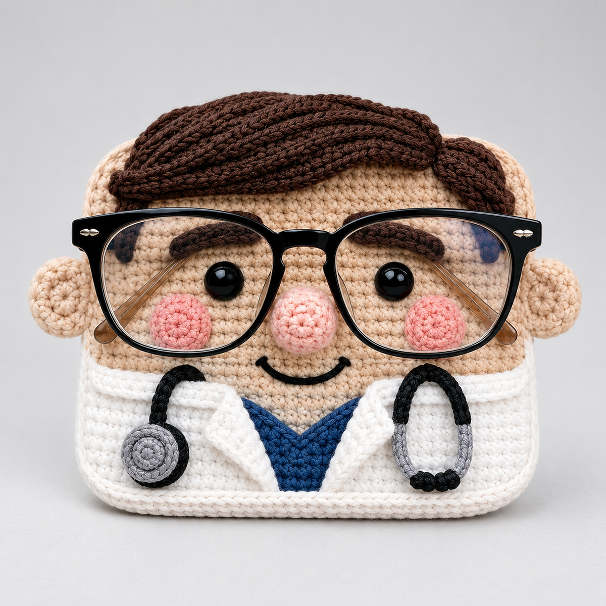 Doctor crochet glasses holder with brown hair, white medical coat, blue scrubs, stethoscope, and black eyeglasses