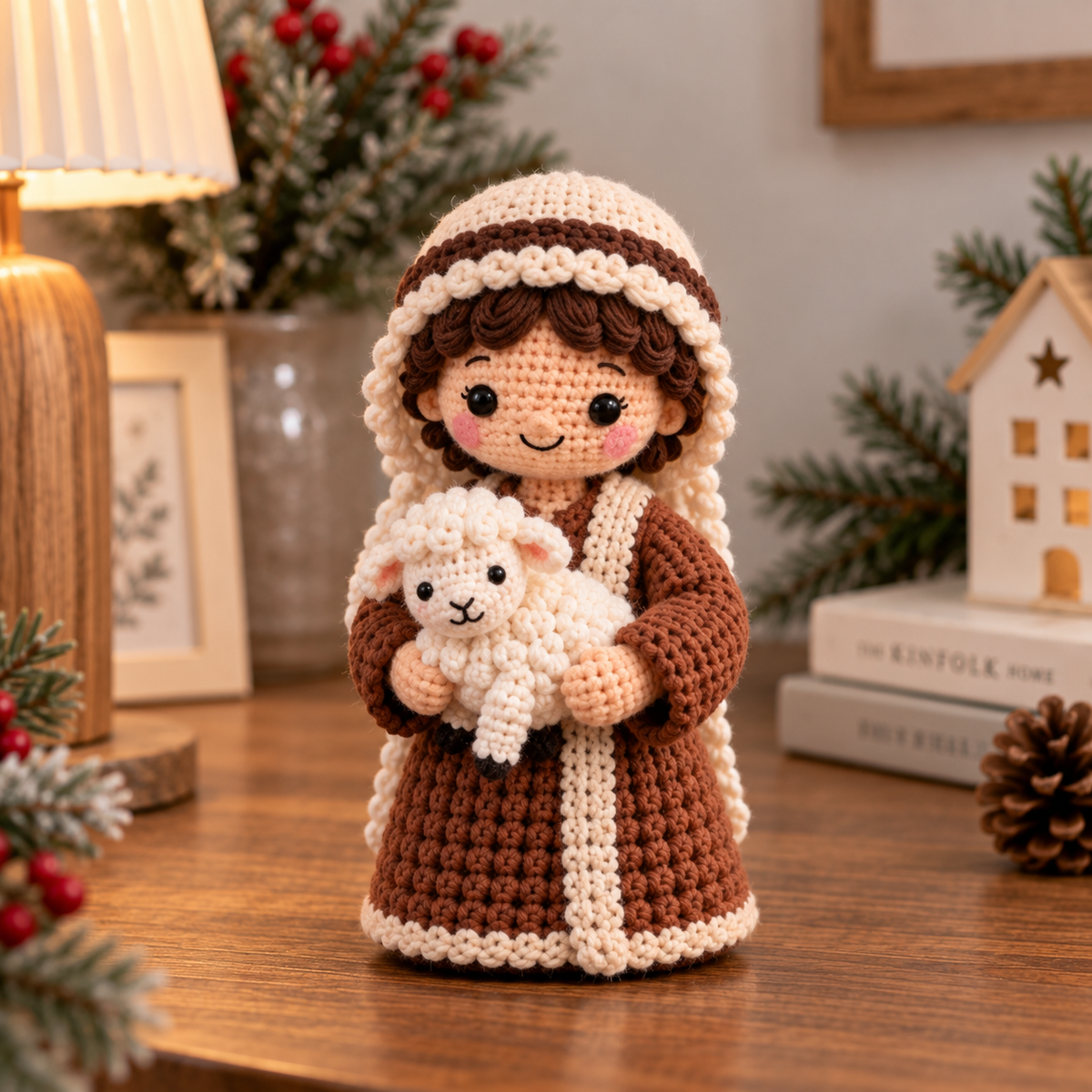 Handmade crochet shepherd amigurumi holding a small sheep