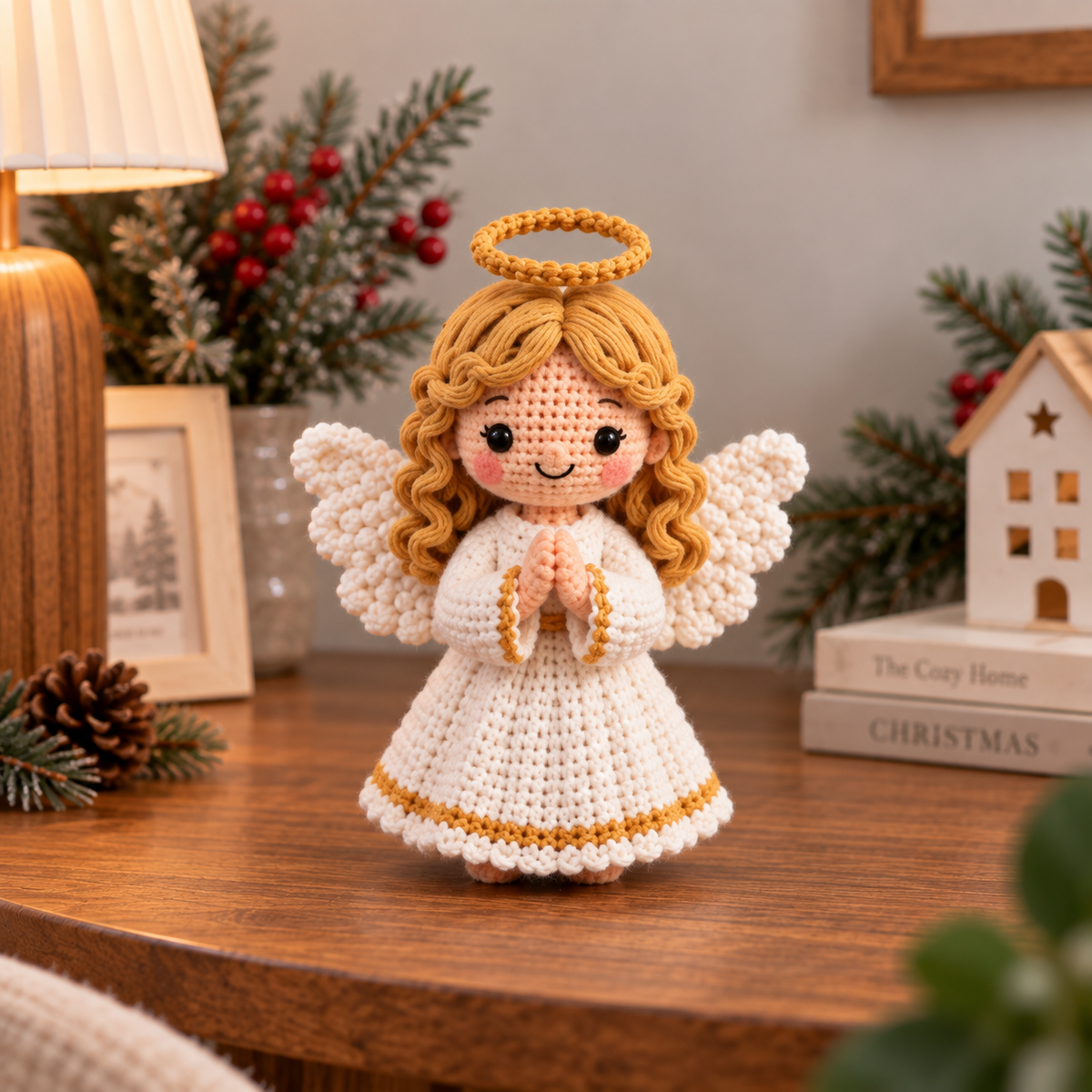 Handmade crochet angel amigurumi in white dress with halo