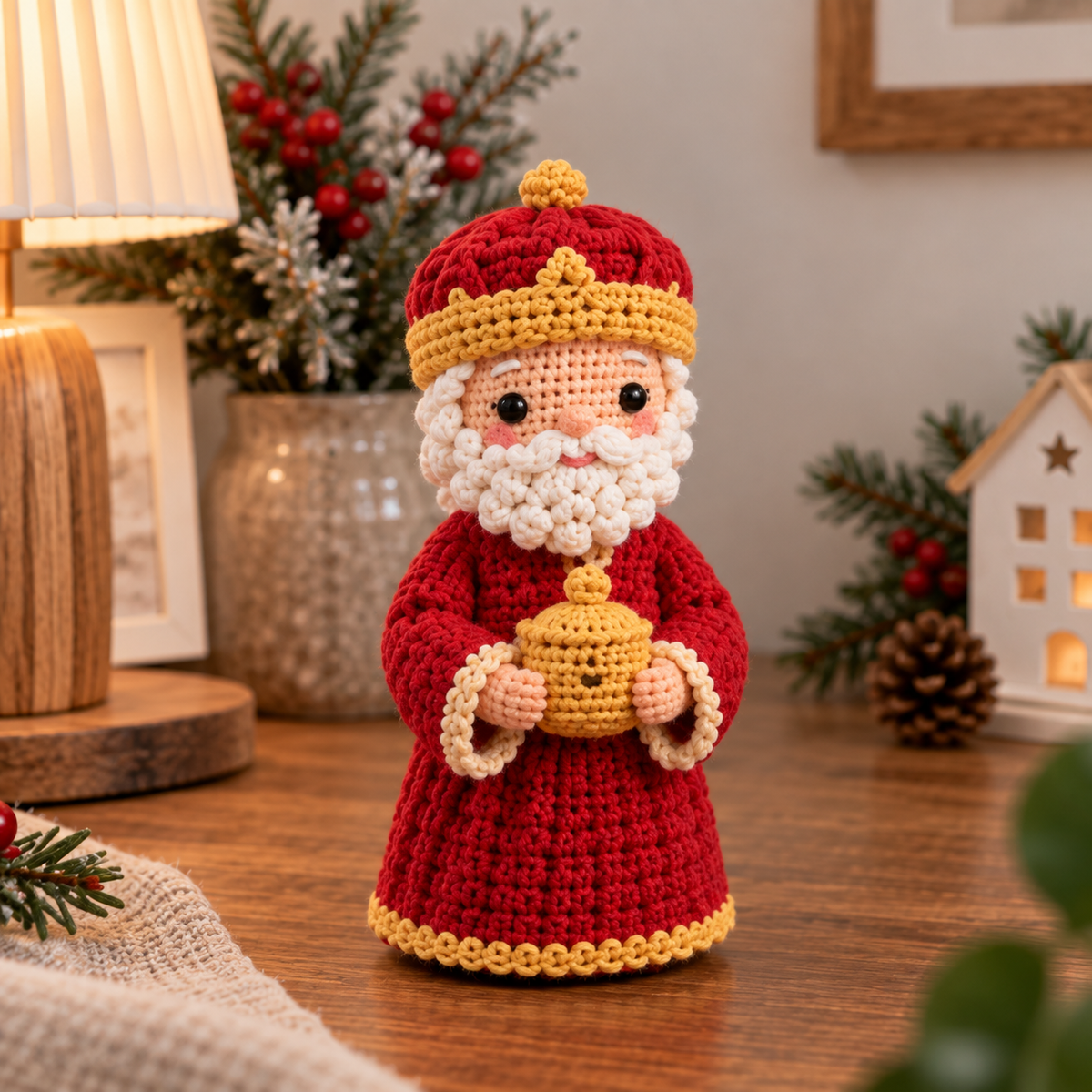 Handmade crochet Wise Man in red robe holding a gift