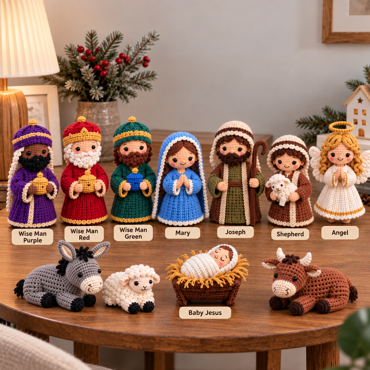 Crochet nativity variation chart showing Wise Men, Mary, Joseph, Shepherd, Angel, Baby Jesus, Donkey, Sheep, and Ox