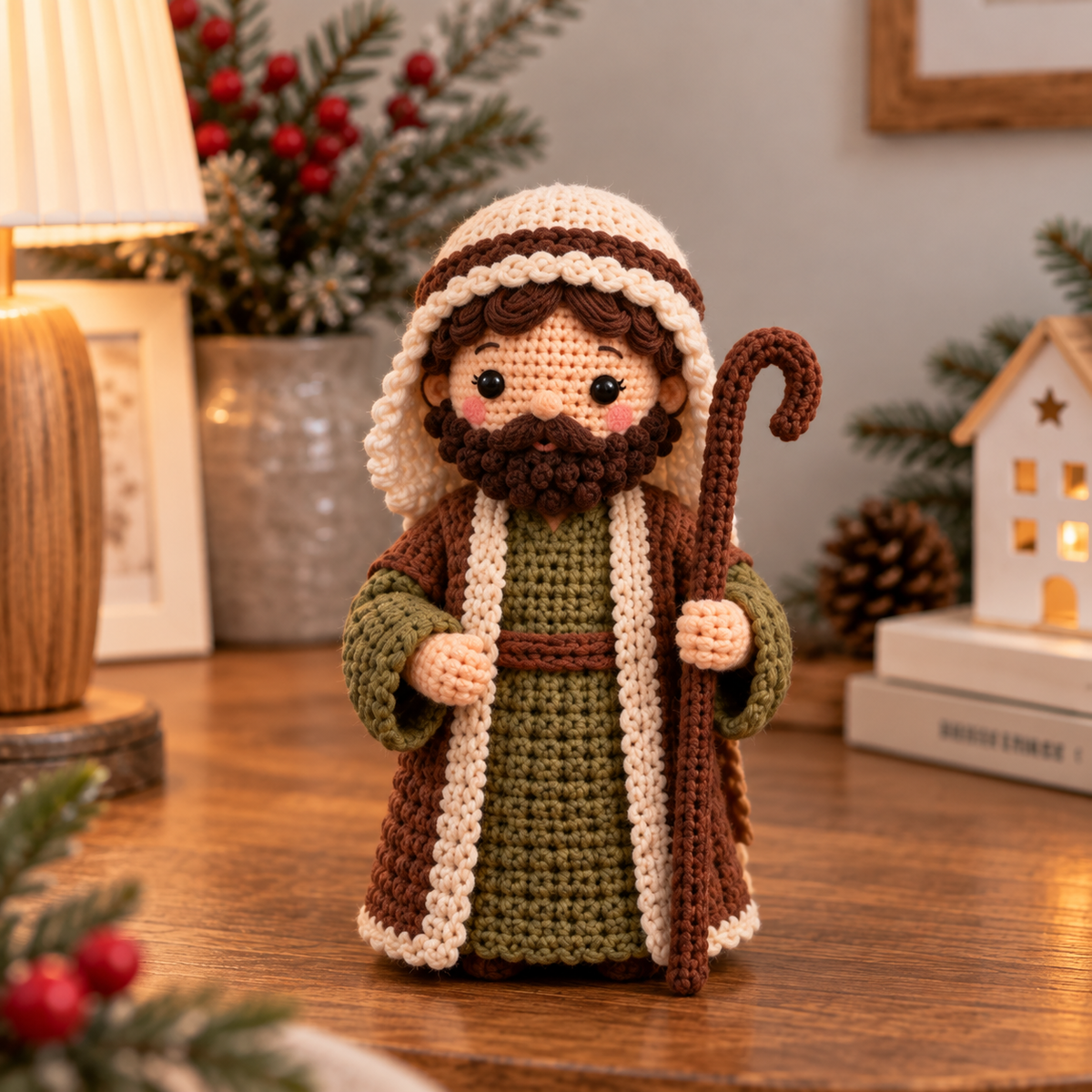 Handmade crochet Joseph amigurumi with staff