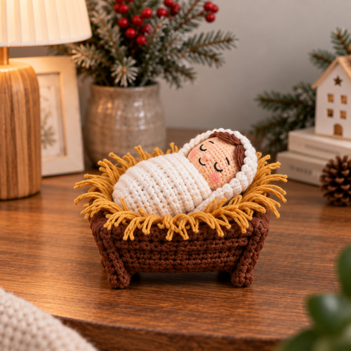 Handmade crochet Baby Jesus lying in a small manger
