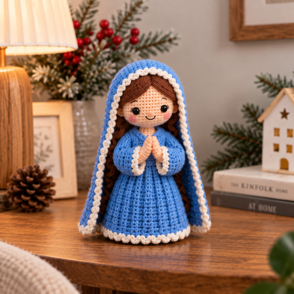 Handmade crochet Mary amigurumi in blue robe with praying hands