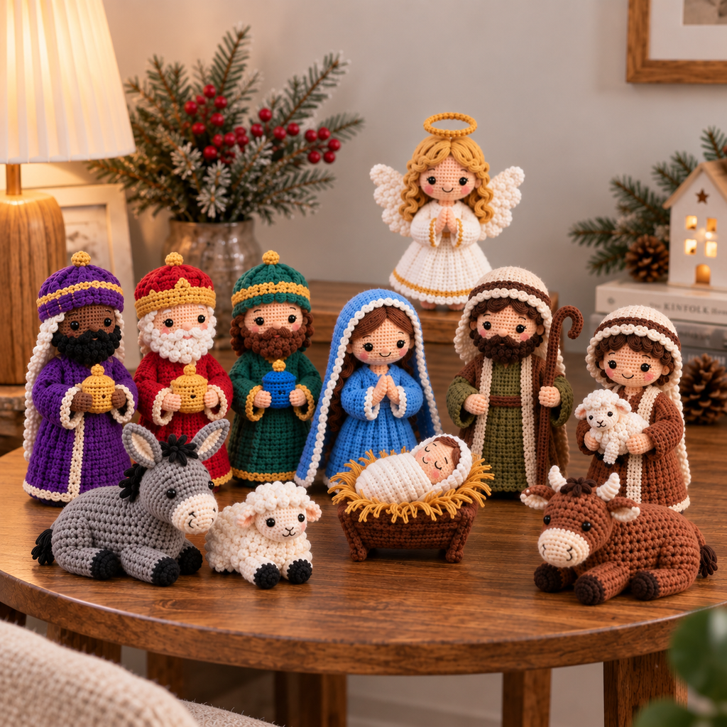 Handmade crochet full nativity set arranged together as a Christmas display