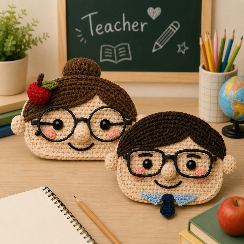 Teacher-themed crochet glasses holders displayed in a classroom-inspired setting with school supplies and a chalkboard