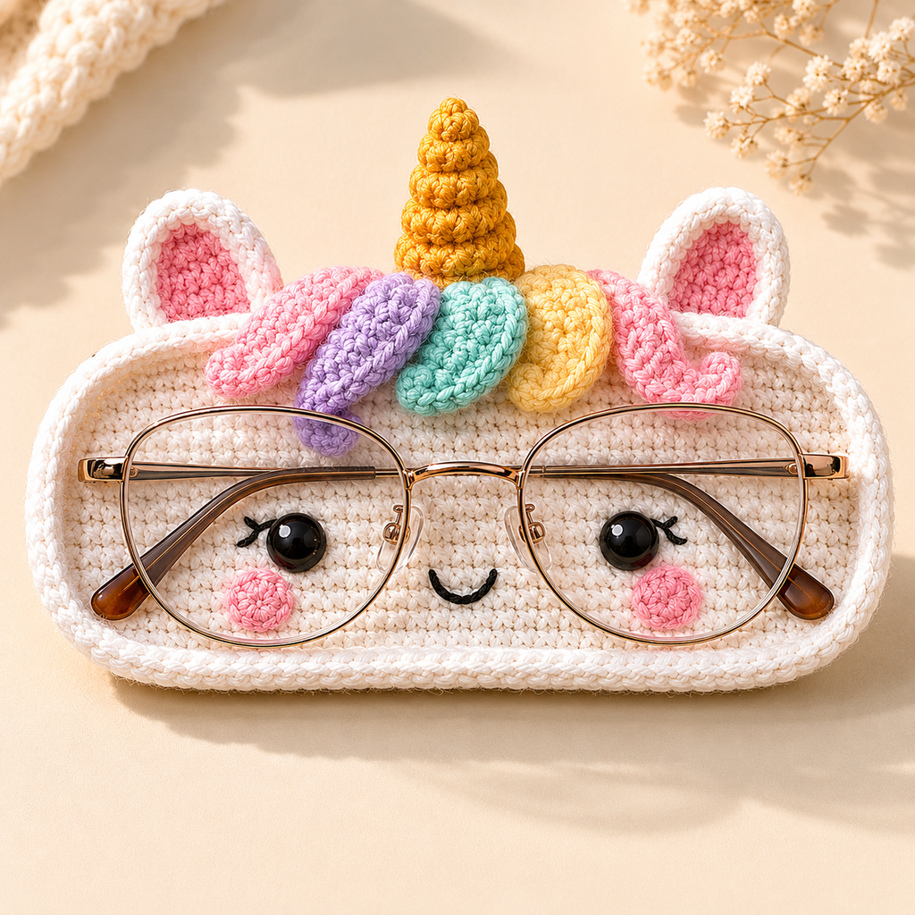 Front view of handmade Rainbow Unicorn crochet glasses holder with pastel rainbow mane, golden horn, and eyeglasses
