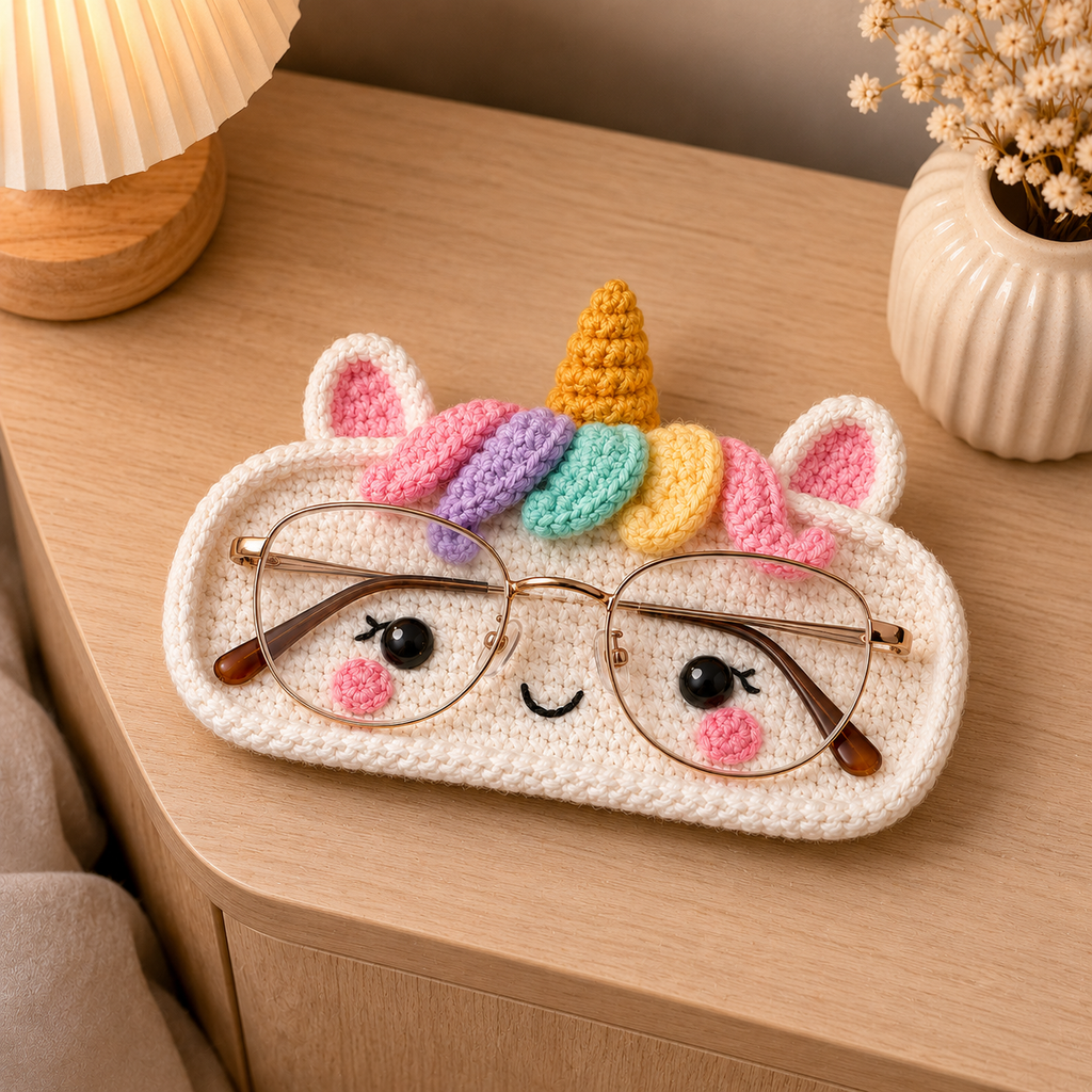 Rainbow Unicorn crochet glasses holder displayed on a wooden table with pastel mane, unicorn ears, and eyeglasses