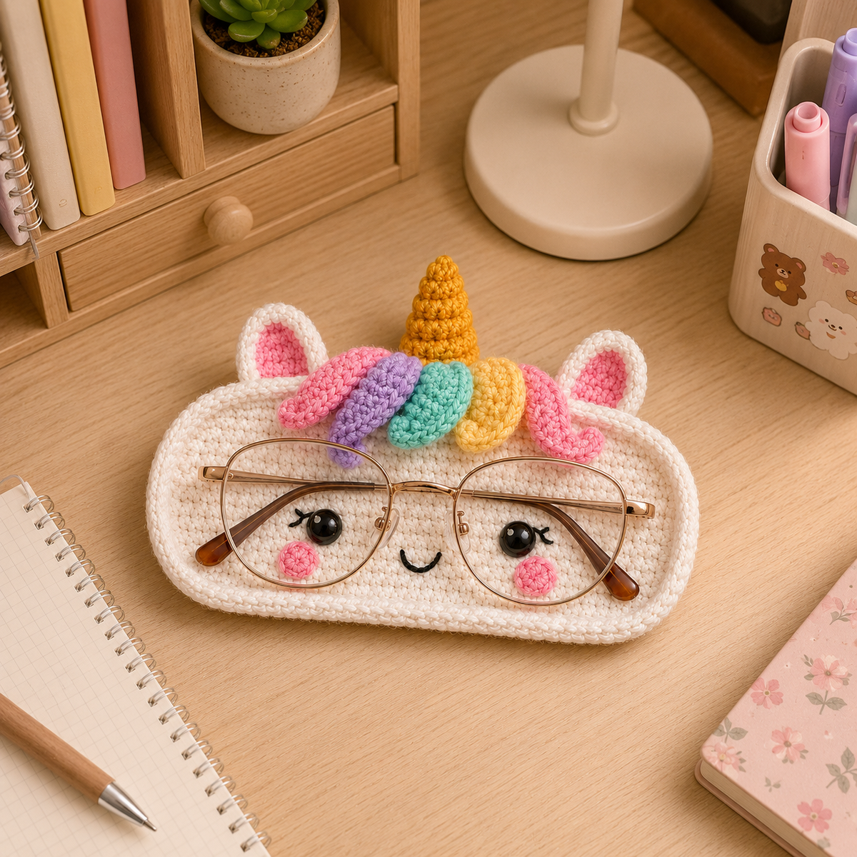 Handmade unicorn crochet glasses holder with rainbow mane and golden horn displayed beside stationery on a desk