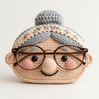 Grandma crochet glasses holder with gray bun, floral headband, rosy cheeks, and brown eyeglasses