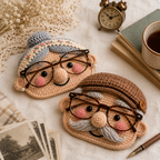 Grandma and Grandpa crochet glasses holders displayed together on a cozy reading table
