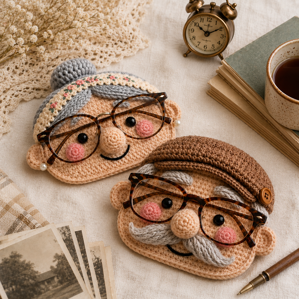 Grandma and Grandpa crochet glasses holders displayed together on a cozy reading table