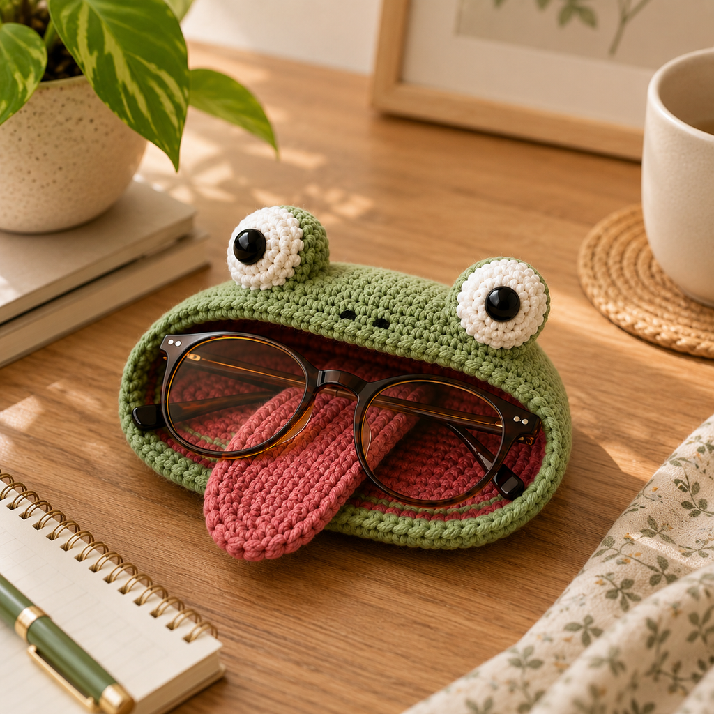 Handmade Funny Frog Tongue crochet glasses holder with eyeglasses displayed on a desk beside stationery