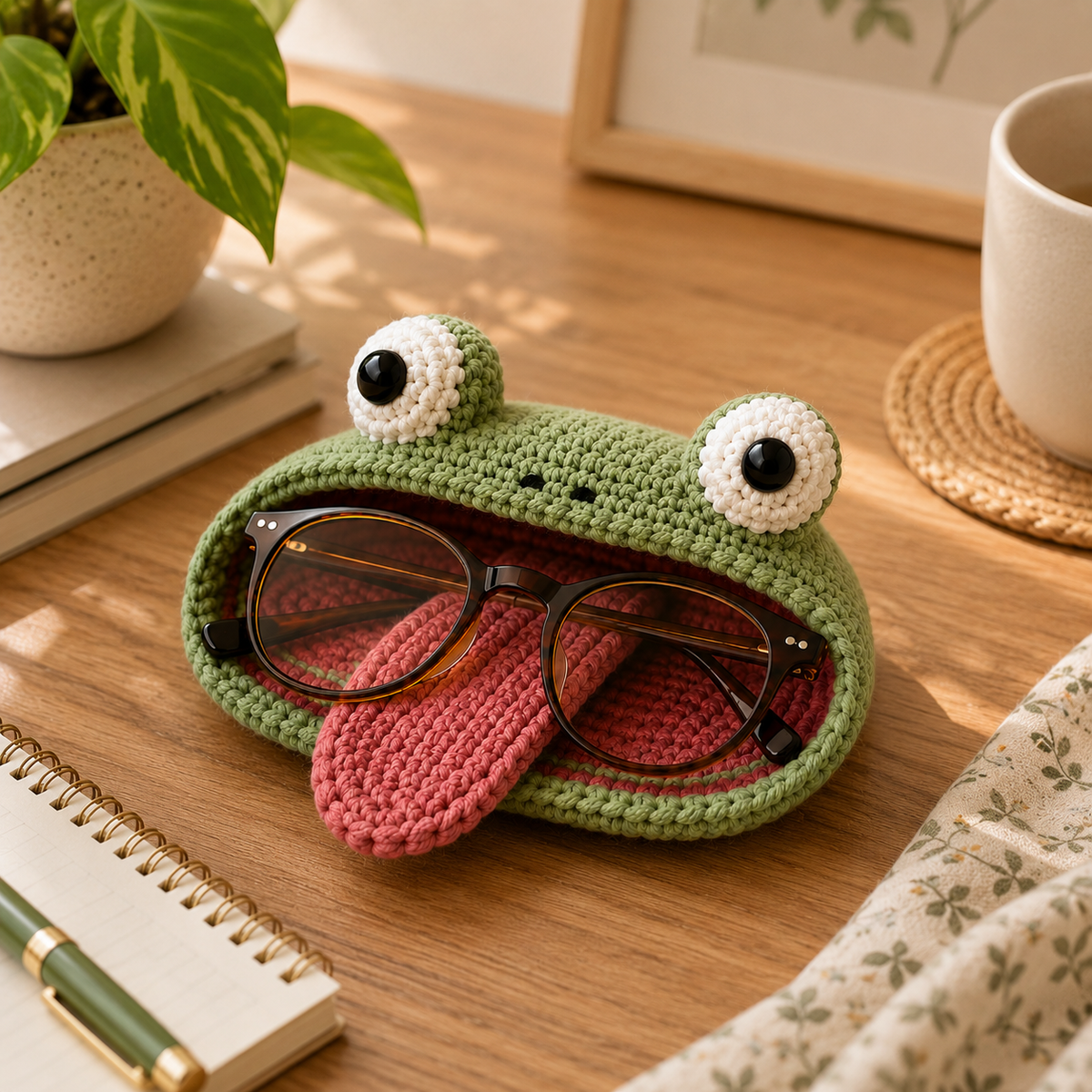 Handmade Funny Frog Tongue crochet glasses holder with eyeglasses displayed on a desk beside stationery