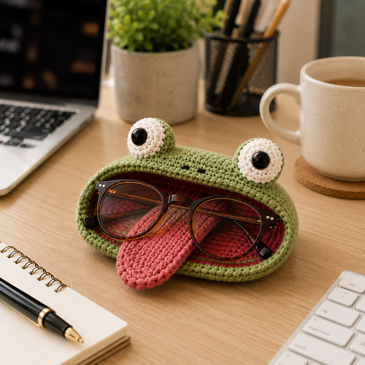 Front view of crochet frog glasses holder with open mouth, pink tongue, and eyeglasses on a workspace desk