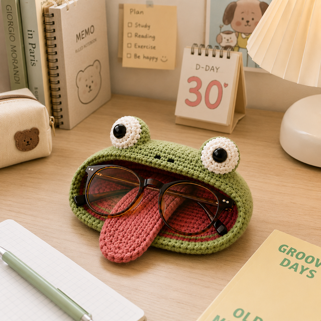 Funny Frog Tongue crochet glasses holder with eyeglasses displayed on a desk with books, lamp, and stationery