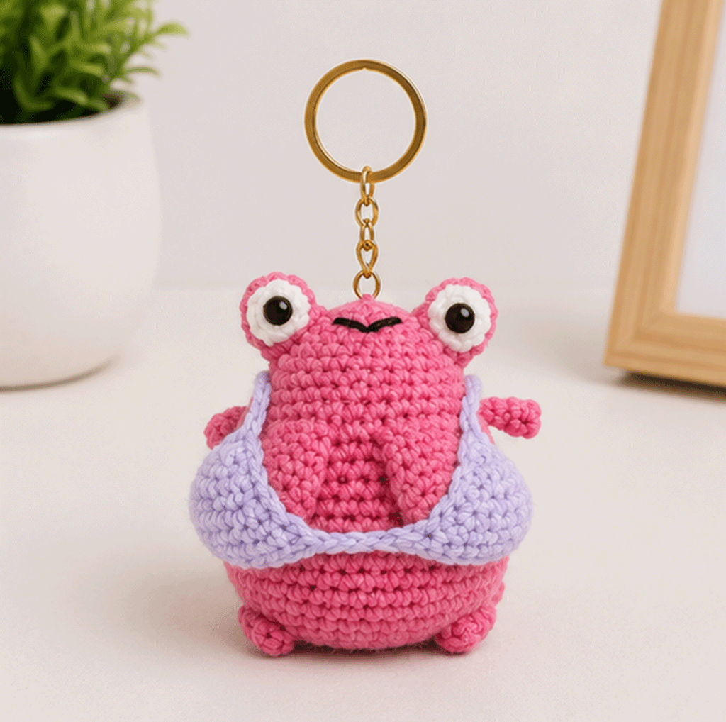 Pink frog crochet keychain with lavender outfit detail and large playful eyes